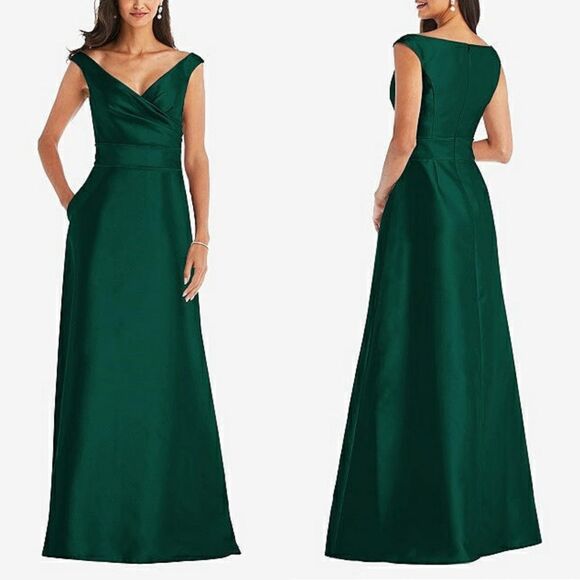 Alfred Sung Emerald Green Satin Gown 10 V-Neck Fit and Flare Formal Dress - Picture 2 of 8